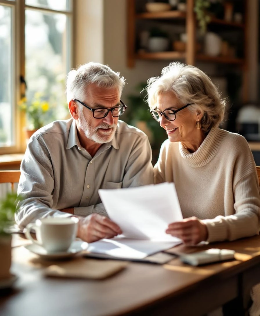 Senior couple reviewing reverse mortgage paperwork at their kitchen table