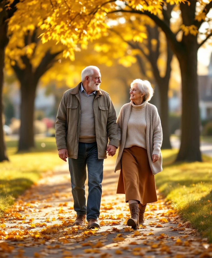 Adult daughter walking with aging parents discussing retirement plans