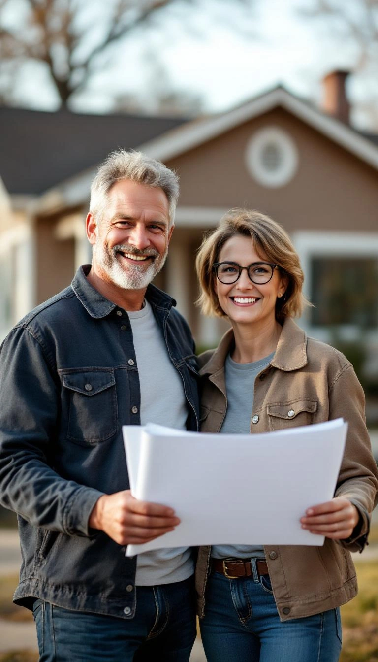 Homeowner with renovation plans in front of older home