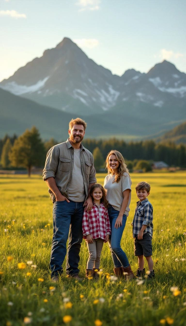Family on rural property with mountain backdrop