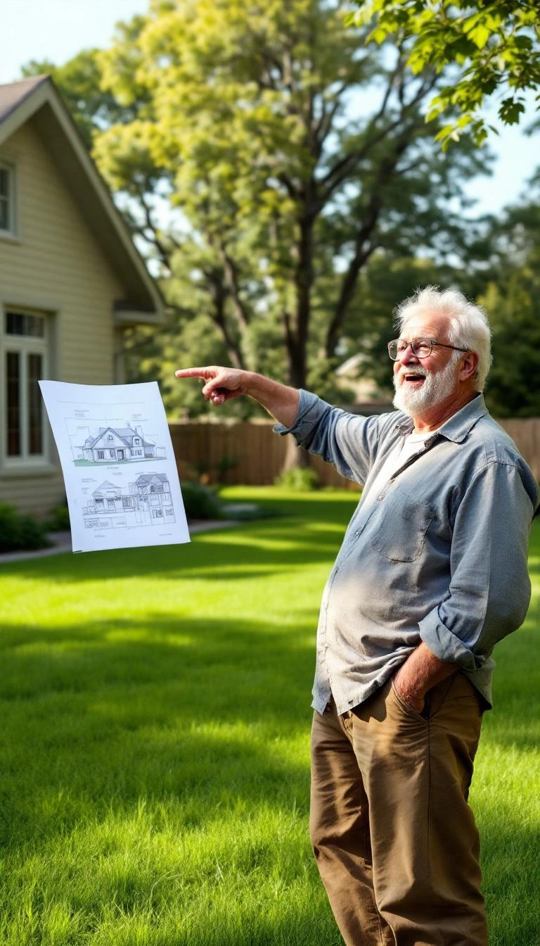 Homeowner pointing at backyard for addition